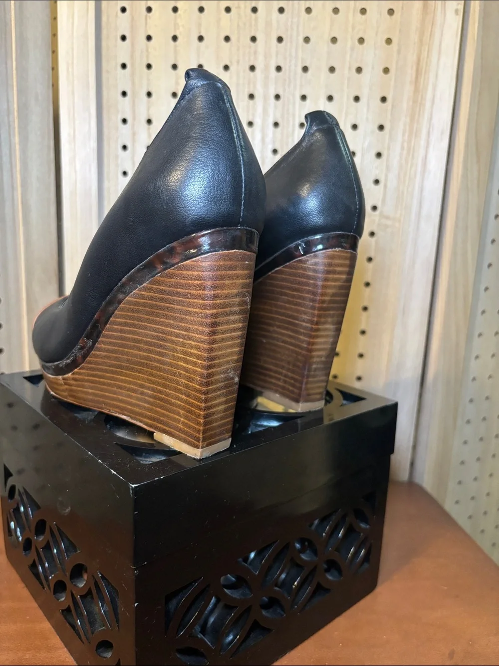 White House Black Market Black and Brown Leather wood heel Wedge Pumps
